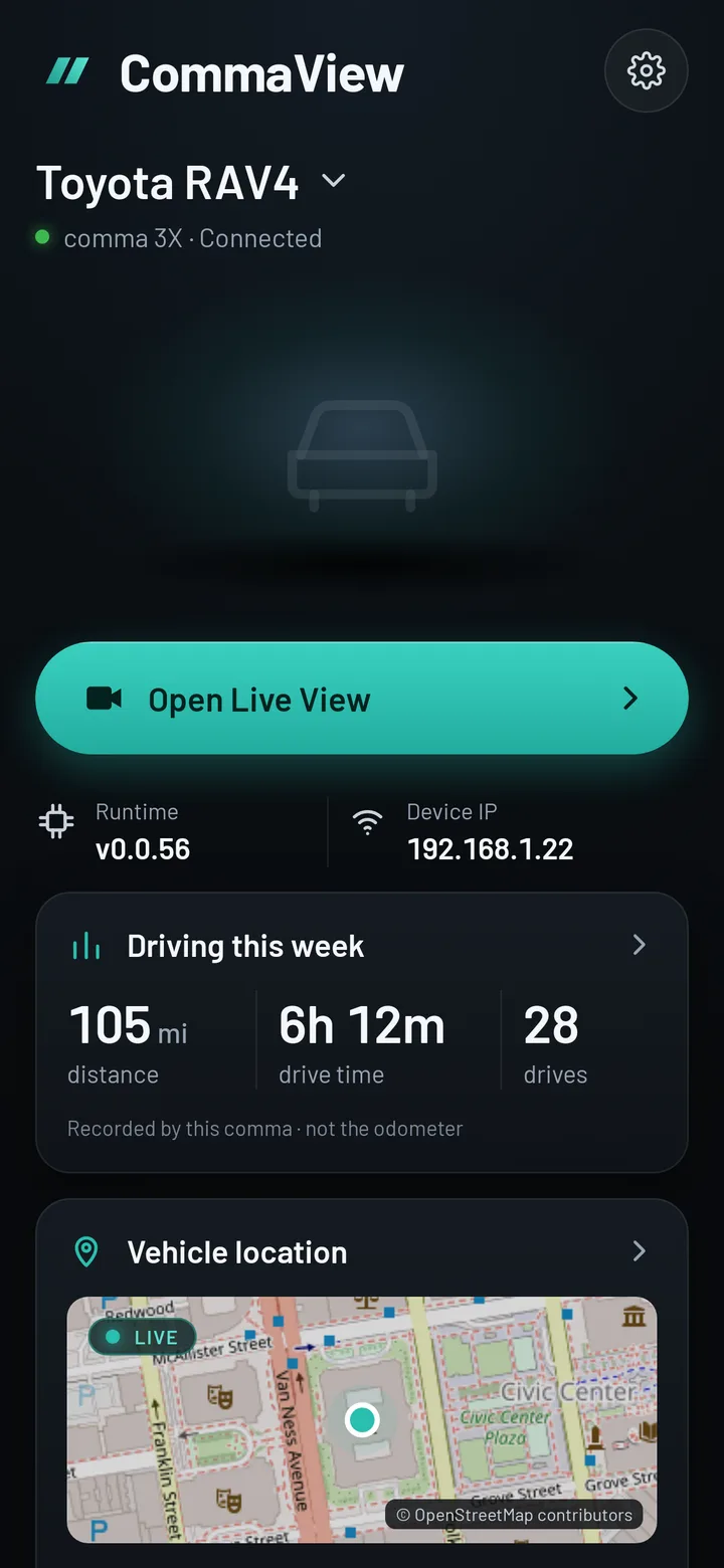 The CommaView home screen: a Toyota RAV4 with its comma 3X connected, the Open Live View button, the runtime version and device address, this week’s driving, and the car’s live location on a map.