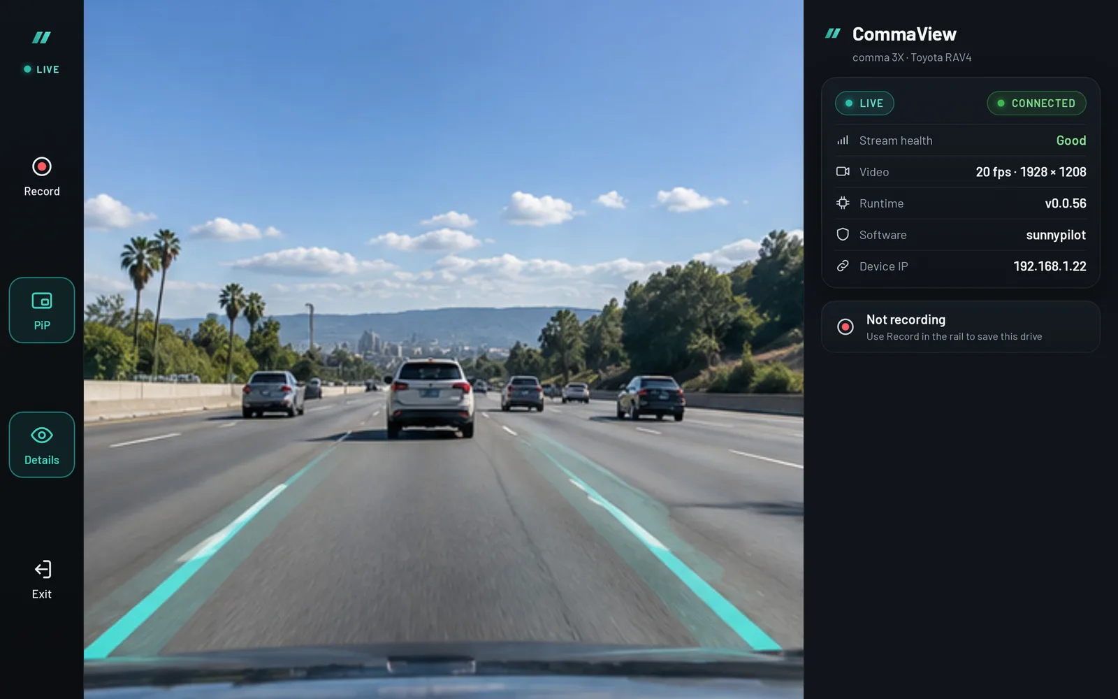 CommaView Live View on a tablet: the road camera with lane lines drawn over it, the controls rail, and a details pane showing Live, Connected, 20 fps video, Wi-Fi and the runtime version.