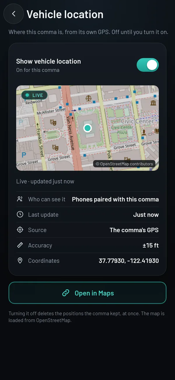 The Vehicle location screen: a live dot on a street map, with the last update, source, accuracy and coordinates.