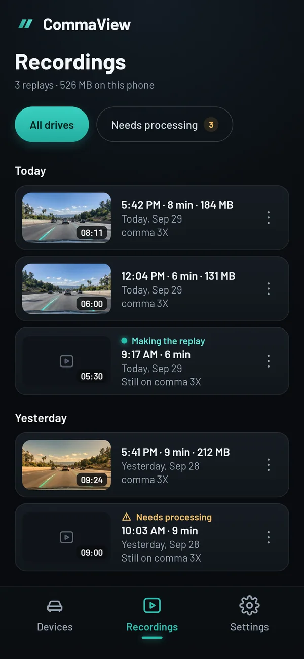 The Recordings screen: drives grouped under Today, each with a thumbnail, its time, length and size.